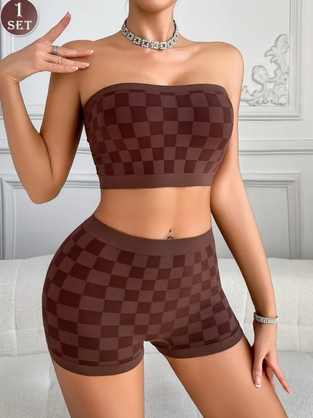Seamless Crop & Shorts Set - Top in Brown Sz M Plaid